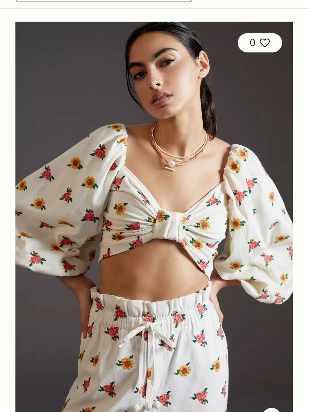 Farm Rio Embroidered Women's Floral Tie-Front Puff Sleeve Crop Top‎ - White